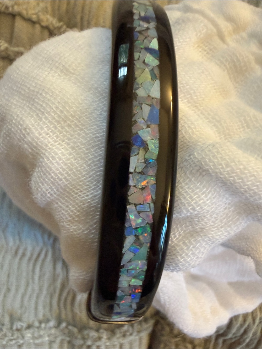 Vintage Black Resin Bangle with Iridescent Opal Inlay